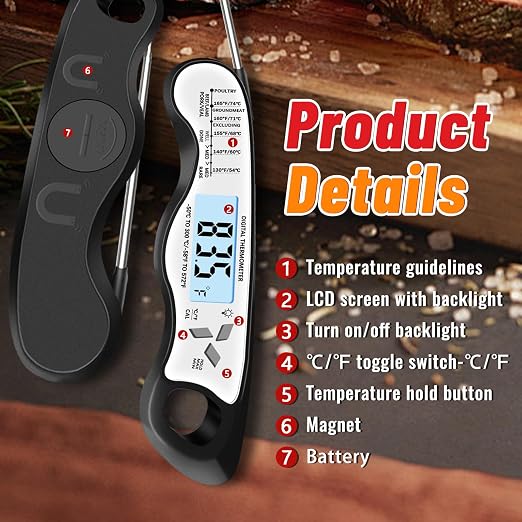 Meat Thermometer Digital, IP67 Waterproof Food Thermometer for Cooking | Backlight, Hold Function, Magnet, IP67 Waterproof, LED screen, for Kitchen, Grill, BBQ, Beef, Candy, Turkey
