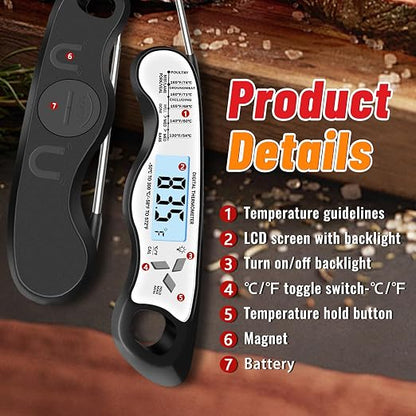 Meat Thermometer Digital, IP67 Waterproof Food Thermometer for Cooking | Backlight, Hold Function, Magnet, IP67 Waterproof, LED screen, for Kitchen, Grill, BBQ, Beef, Candy, Turkey