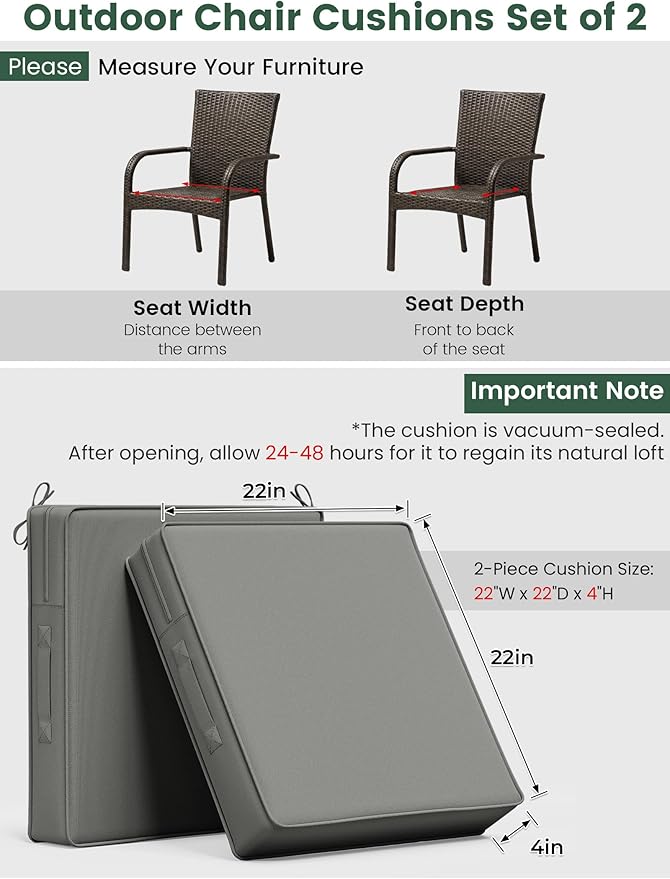 Outdoor Chair Cushion 22 x 22 x 4 Inches Patio Furniture Outdoor Waterproof Seat Cushion, Patio Chair Cushion with Handles and Ties, Square Dining Chair Cushion Set of 4, Light Grey