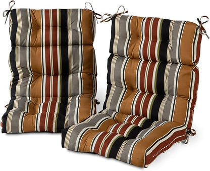 Outdoor Tufted High-Back Chair Cushions, One-Piece Hinged Seat and Back Design, Reversible with 4 Ties, Durable Polyester Fabric, Recycled Fiber Fill - Set of 2, Brick Stripe
