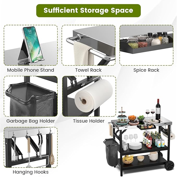 Giantex Outdoor Grill Cart with Wheels, Food Prep Table with 3 Storage Shelves, Detachable Spice Rack, Garbage Bag Holder, 4 Hooks, Movable Dining Cart Worktable Trolley for Outside Kitchen BBQ