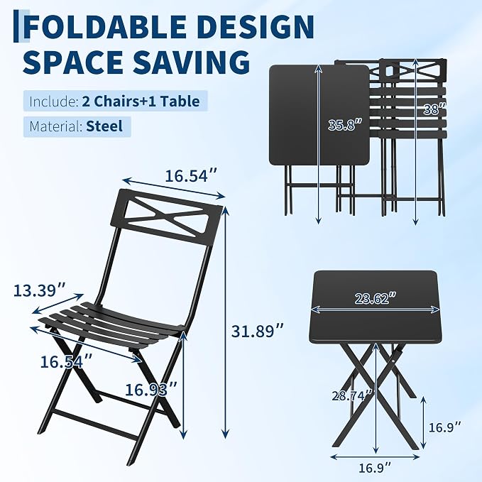 Garvee 3PCS Bistro Set, Outdoor/Indoor Folding Patio Furniture Set, Black | Fold flat lightweight design for easy storage & portable picnics. Rustproof UV metal frame stays. Reinforced X-brace stable