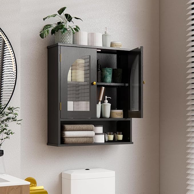 Bathroom Wall Cabinet, Over Toilet Storage Cabinet, Wall Mounted Medicine Cabinet with Arched Glass Doors & Adjustable Shelves, Bathroom Storage Cabinet with Open Storage Shelf, Black