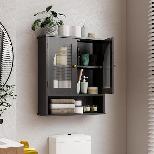 Bathroom Wall Cabinet, Over Toilet Storage Cabinet, Wall Mounted Medicine Cabinet with Arched Glass Doors & Adjustable Shelves, Bathroom Storage Cabinet with Open Storage Shelf, Black