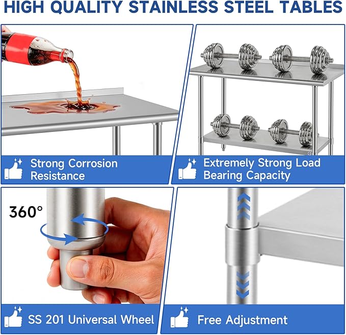 ROCKPOINT SS304 Top All Stainless Steel Table for Prep & Work with Backsplash 24x60 Inches, NSF Commercial Kitchen Heavy Duty Table with Adjustable Undershelf for Restaurant,Kitchen, Home and Hotel