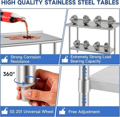 ROCKPOINT SS304 Top All Stainless Steel Table for Prep & Work with Backsplash 24x48 Inches, NSF Commercial Kitchen Heavy Duty Table with Adjustable Undershelf for Restaurant,Kitchen, Home and Hotel