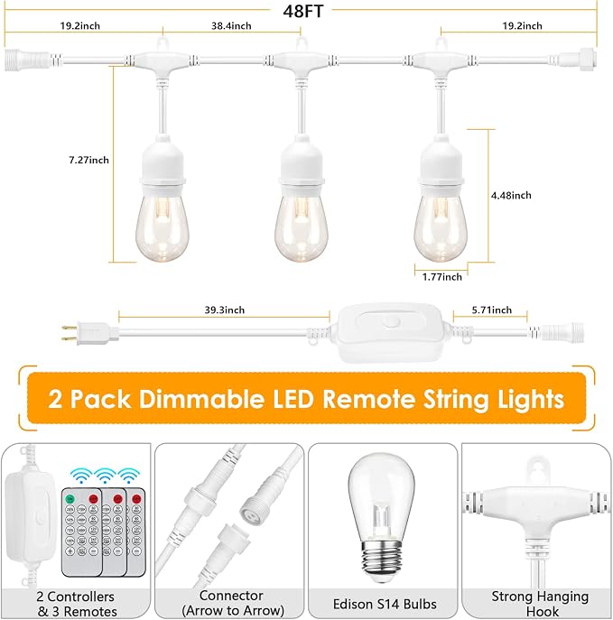Mlambert 3 Color Outdoor LED Dimmable String Lights with Remotes, Plug in 96FT(2x48FT) Waterproof Shatterproof LED Lights for Patio Pergola-White Cord