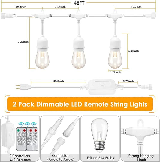 Mlambert 3 Color Outdoor LED Dimmable String Lights with Remotes, Plug in 96FT(2x48FT) Waterproof Shatterproof LED Lights for Patio Pergola-White Cord