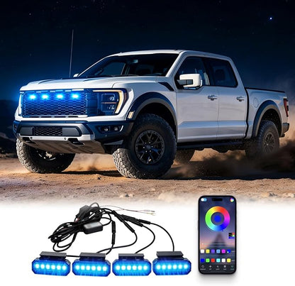 RGB LED Grille Lights 4PCS，Universal Clip-On Car Front，IP66 Atmosphere Exterior Grill Lights Remote APP Control，Compatible with Jeep Wrangler,Ford F150,Dodge Ram 1500,Toyota Tacoma