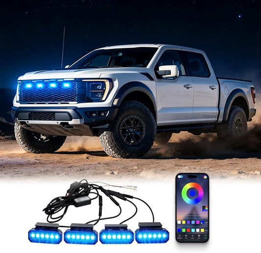 RGB LED Grille Lights 4PCS，Universal Clip-On Car Front，IP66 Atmosphere Exterior Grill Lights Remote APP Control，Compatible with Jeep Wrangler,Ford F150,Dodge Ram 1500,Toyota Tacoma