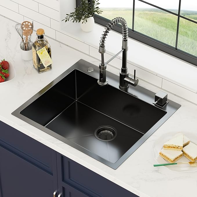 25 Inch Gunmetal Black Drop In Kitchen Sink 25 x 22 Kitchen Sink 18 Gauge Stainless Steel Single Bowl Topmount Sink with Nano Coating, 25x22x8
