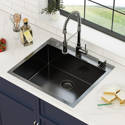 25 Inch Gunmetal Black Drop In Kitchen Sink 25 x 22 Kitchen Sink 18 Gauge Stainless Steel Single Bowl Topmount Sink with Nano Coating, 25x22x8
