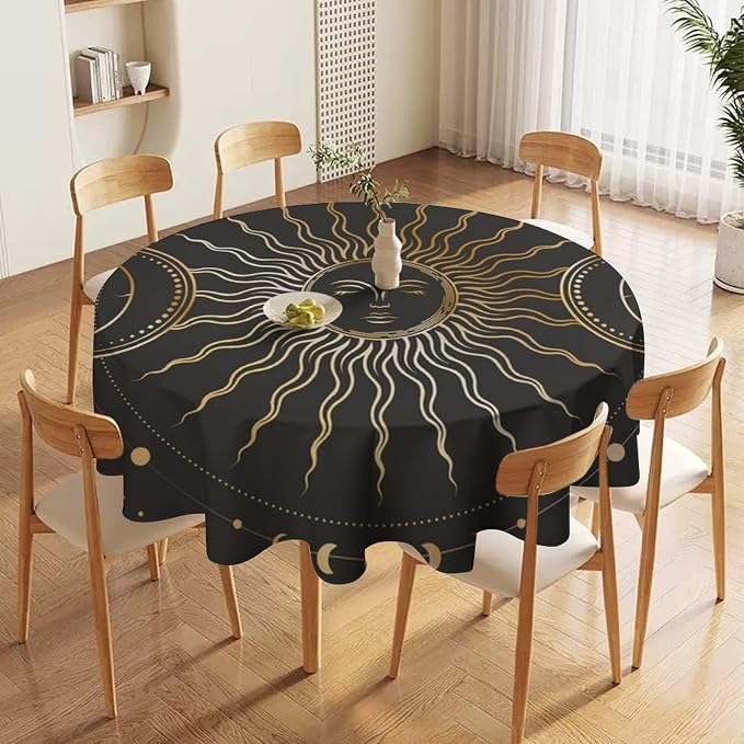 Vintage Sun Round Tablecloth Boho Celestial Star Magical Galaxy Space Moon Phases Table Cloth Water Resistant Wipeable Table Cover for Farmhouse Picnic Party Holiday Kitchen Dinner Table 36"