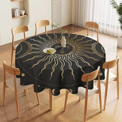 Vintage Sun Round Tablecloth Boho Celestial Star Magical Galaxy Space Moon Phases Table Cloth Water Resistant Wipeable Table Cover for Farmhouse Picnic Party Holiday Kitchen Dinner Table 36"