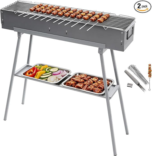 Portable Charcoal Grill with 12PCS Skewers with Metal Storage Tube, Heavy Duty BBQ Grill with Folding Legs and 31.6x7.1" Cooking Area, Kebab Grill for Outdoor Backyard Picnic Camping Party