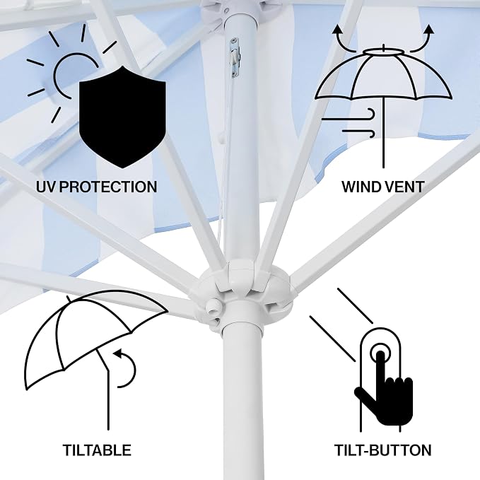 JONATHAN Y Beverly 9 ft. Striped Half Umbrella, Light Blue/White | Coastal Scalloped Fringe, Crank Lift, 30 Degree Manual Tilt, UV 50 Polyester Canopy, Aluminum Frame, Space Saving Design