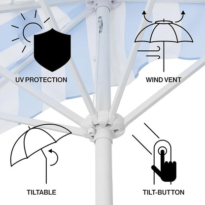 JONATHAN Y Beverly 9 ft. Striped Half Umbrella, Light Blue/White | Coastal Scalloped Fringe, Crank Lift, 30 Degree Manual Tilt, UV 50 Polyester Canopy, Aluminum Frame, Space Saving Design