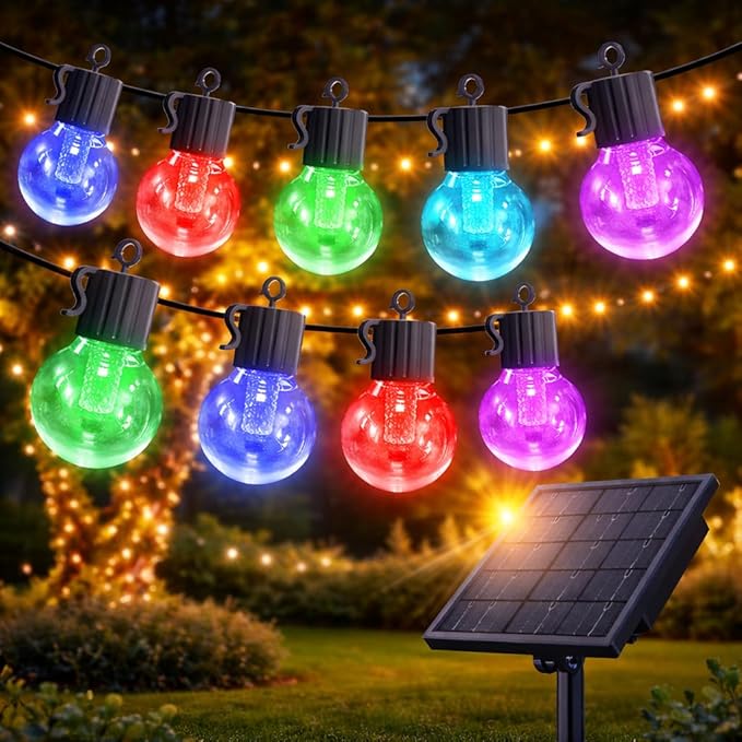 FREECUBE 50 FT Solar String Lights Outdoor Waterproof, 25LEDs G40 Globe Shatterproof Bulbs,Warm White & Multicolor,8 Modes,Timer, Solar Powered Patio Lights for Backyard, Porch, Garden, Wedding Decor