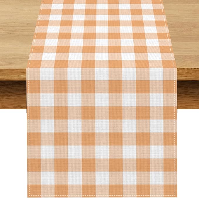 Fall Orange and White Gingham Table Runner Autumn Thanksgiving Plaid Decoration BBQ Picnic Dining Room Home Kitchen Table Decor (Orange, 13" x 72")