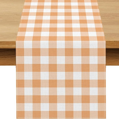 Fall Orange and White Gingham Table Runner Autumn Thanksgiving Plaid Decoration BBQ Picnic Dining Room Home Kitchen Table Decor (Orange, 13" x 72")