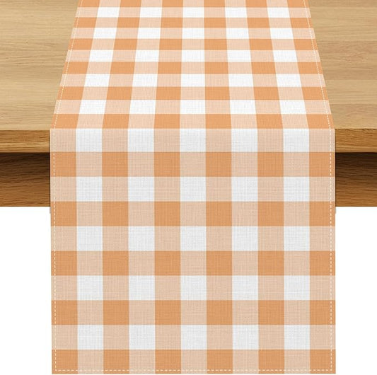 Fall Orange and White Gingham Table Runner Autumn Thanksgiving Plaid Decoration BBQ Picnic Dining Room Home Kitchen Table Decor (Orange, 13" x 72")