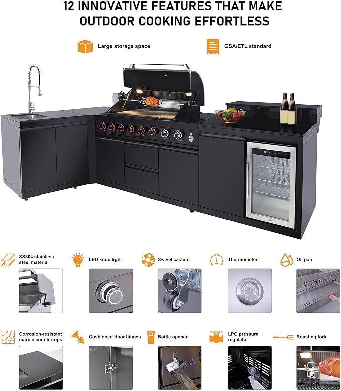 95.8'' Outdoor Kitchen Island, All-In-One 6+1 Burner, 95500 BTU BBQ Grill | Modular Outdoor Kitchen for Backyards, Grill with 304 Stainless Steel, Black Outdoor Kitchens with Sink, Refrigerator
