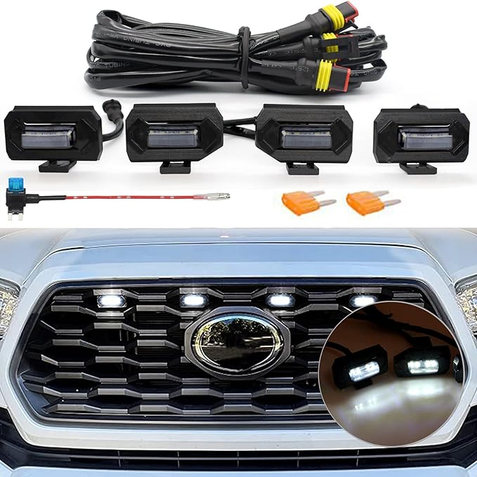 Upgraded Grill LED Lights 4PCS for Toyota Tacoma 2020 2021 2022 2023 TRD Off Road and TRD Sport OEM Grill, Aftermarket Replacement Warning LED Lights with Fuse (White Light/Smoked Lens)