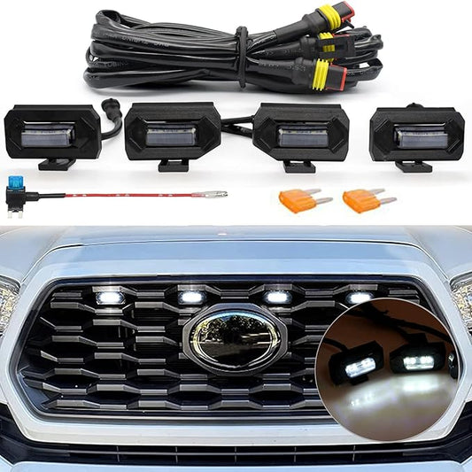 Upgraded Grill LED Lights 4PCS for Toyota Tacoma 2020 2021 2022 2023 TRD Off Road and TRD Sport OEM Grill, Aftermarket Replacement Warning LED Lights with Fuse (White Light/Smoked Lens)