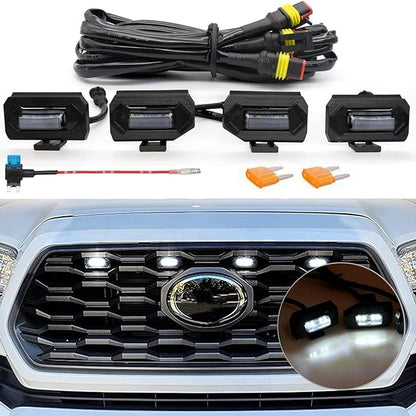 Upgraded Grill LED Lights 4PCS for Toyota Tacoma 2020 2021 2022 2023 TRD Off Road and TRD Sport OEM Grill, Aftermarket Replacement Warning LED Lights with Fuse (White Light/Smoked Lens)