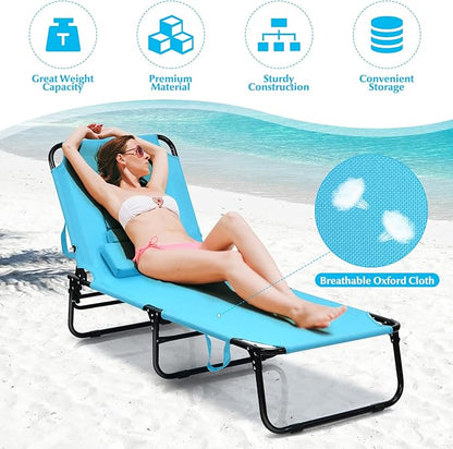 Folding Beach Lounge Chair w/ 5 Adjutable Backrest & Padded Pillow, Sunbathing Lounger Chair, Sun Tanning Lay Flat Chair for Seaside Pool Deck, Max Load 330 LBS, No Assembly Required (Navy)