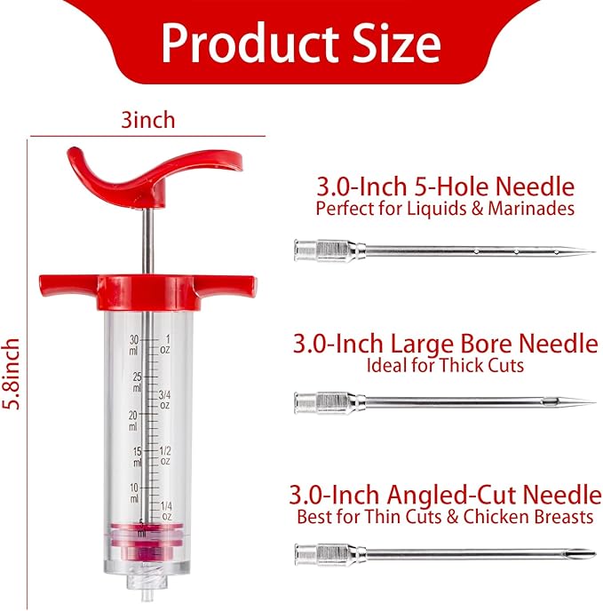 Meat Butter Injector Syringe, 1-oz Plastic Marinade Turkey Injector Kit, with 3 Stainless Steel Meat Needles, 1 Cleaning Brush and Replacement O Ring, Dual Scale (ml/oz), for Turkey, BBQ Grill Smoker