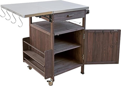 YOPTO 40.5" Outdoor Grill Cart,100% Fir Wood,Stainless Steel Top,Drop Leaf,Lockable Wheels,Towel Rack,Drawer,Rolling Kitchen Cart for Lawn & Garden,Brown