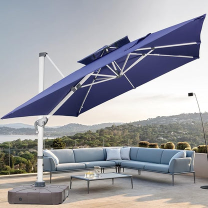 Cantilever Patio Umbrella with Cross Base and Cover Included - 360° Rotation Large Heavy Duty Offset Outdoor Umbrella with Easy Tilt for Pool Backyard Deck Garden (10x10 FT Navy Blue)