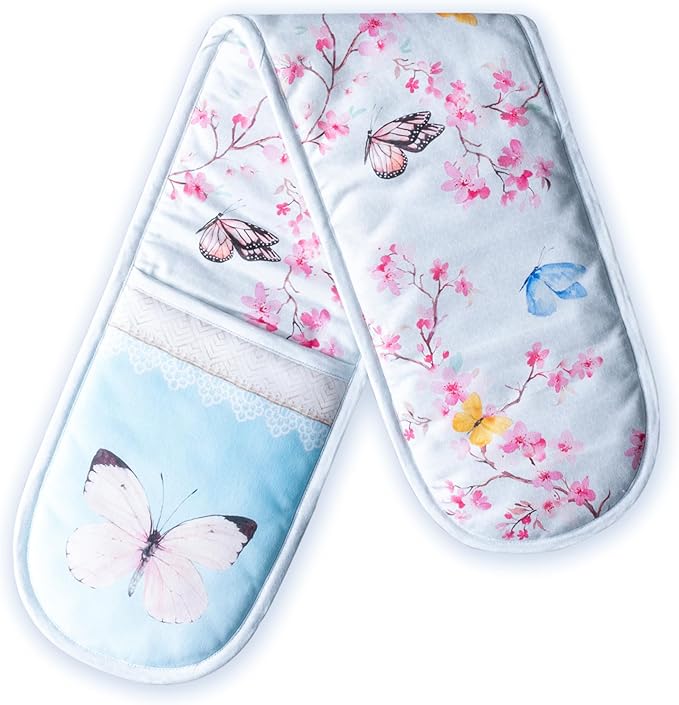 Maison d' Hermine Double Oven Mitts 100% Cotton 7"x35" Double Oven Mitt Heat Resistant BBQ Cooking Gloves with Loop Baking Grilling Kitchen Hotel Home Farmhouse Spring Summer (Blossoms in Spring)