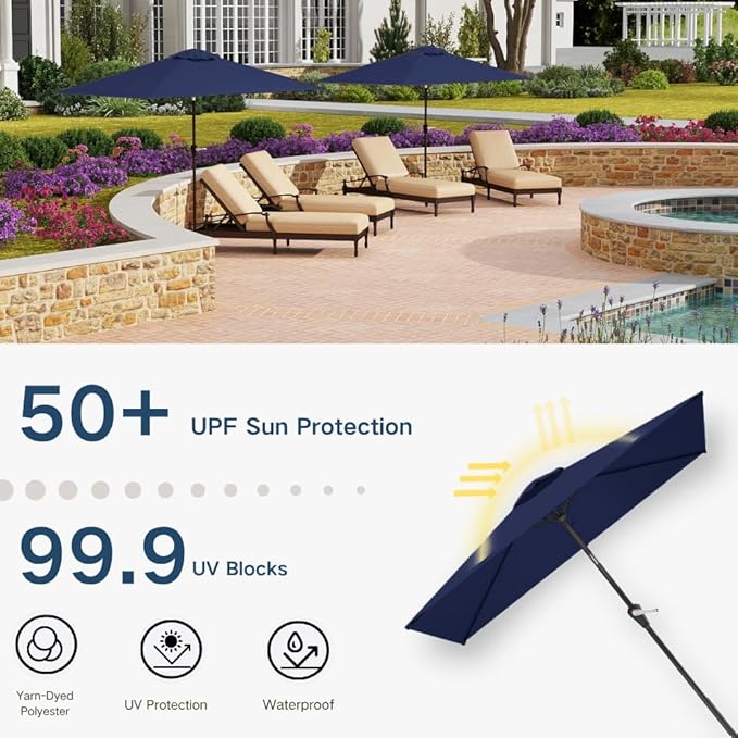 6.5' x 10' Rectangular Patio Umbrella Large Outdoor Market Umbrella w/UV Protection, Push Button Tilt and Crank Lift, Rectangle Table Umbrella for Garden, Deck, Pool, Patio, Navy Blue