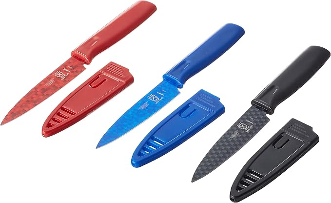 Mercer Culinary Non-Stick Paring Knives with ABS Sheaths, 4 Inch, Red/Blue/Black, 3 Pack