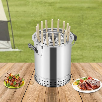 Barbecue Charcoal Barrel Grill, Portable Vertical C-harcoal Smoker G-rill, Outdoor Indoor Hanging BBQ C-harcoal Barrel G-rill with 360° Heated, Built-In Oil and Ash Trays (10.2x11.8in 16 Skewers)