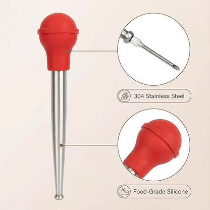 Upgraded Large Turkey Baster with Silicone Brush, Stainless Steel Heavy Duty Baster Syringe for Meat Cooking with Cleaning Brush & 2 Detachable Needles (Red)
