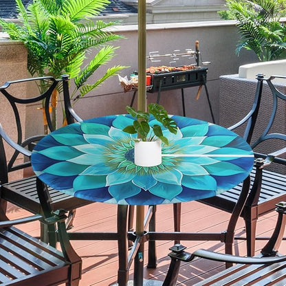 Glowing Mandala Outdoor Round Fitted Tablecloth with Umbrella Hole and Zipper, 36"-44" Elastic Patio Table Cloth Oil-Proof Waterproof Patio Table Cover for Picnic Party Camping
