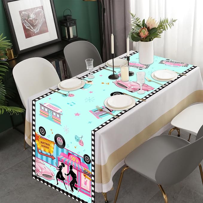 1950s Theme Table Runner, 50s Rock and Roll Retro Diner Linen Fabric Table Runner for Everyday Use 72 x 13 Inches, Washable Table Cover for Indoor Outdoor Kitchen Dining Table Decor