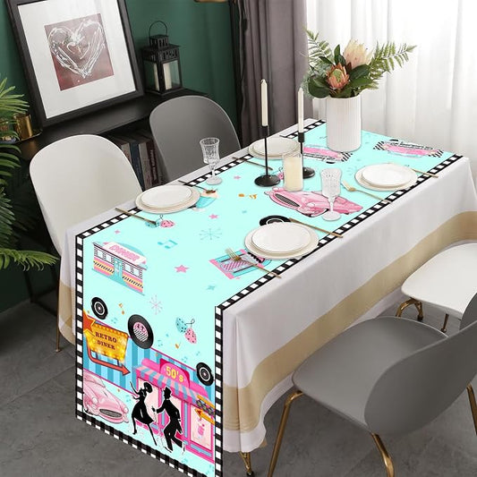 1950s Theme Table Runner, 50s Rock and Roll Retro Diner Linen Fabric Table Runner for Everyday Use 72 x 13 Inches, Washable Table Cover for Indoor Outdoor Kitchen Dining Table Decor