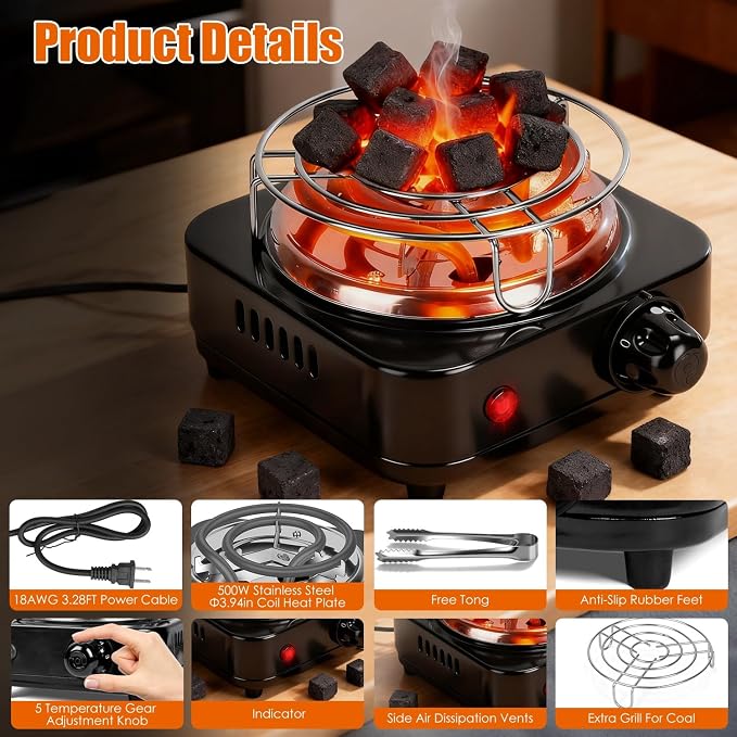 500W Electric Hookah Charcoal Burner - 5 Temperature Gears with Thermostat Safety, Stainless Steel Coil & Bonus Accessories for Indoor/Outdoor Use