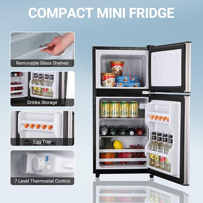Dorm Fridge with Freezer, Small Refrigerator 3.5 Cu. Ft. 7-Level | Mini Fridge with Freezer for Apartment, 7 Temperature Adjustable Apartment Size Fridge for Kichen, College, RV, Silver