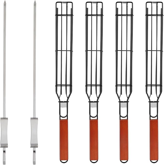 IRSTBL – Kebab Grill Basket Set – 4 Non-Stick BBQ Baskets with Wooden Handles & 2 Steel Skewers – Reusable Grilling Tools for Meat, Veggies, Fish – 17 Inches