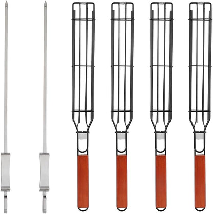 IRSTBL – Kebab Grill Basket Set – 4 Non-Stick BBQ Baskets with Wooden Handles & 2 Steel Skewers – Reusable Grilling Tools for Meat, Veggies, Fish – 17 Inches