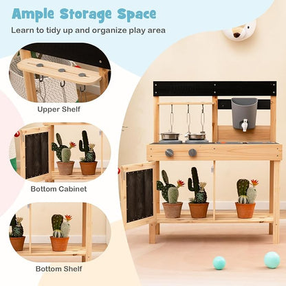 HONEY JOY Fir Wood Outdoor Play Kitchen for Toddlers, Realistic Faucet & Water Tank, Stoves, Sink, Storage Shelf, Outside Kitchen Playset, Mud Kitchen for Kids Outdoor Backyard