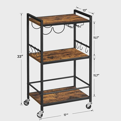 TUTOTAK Bar Cart with Wheels, Drink Cart with Wine Rack and Glass Holder | 3-Tier 17 Inch Wide Home Bar Serving Carts, Small Mobile Kitchen Shelf with 6 Hooks, Rustic Brown BC01BB032