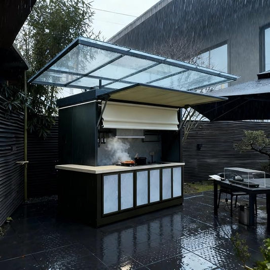 Prefab Outdoor Kitchen Suite - Modern BBQ Island with Automatic Hydraulic Canopy - Custom Configurations for Any Backyard