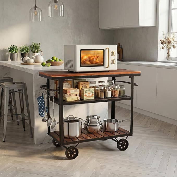 Farmhouse Mobile Cart with Wheels for Home Kitchen Industrial Rolling Food Cart Outdoor Vintage Wood and Metal Design Utility Cart in Office Coffee House 3 Tier with 2 Side Handle