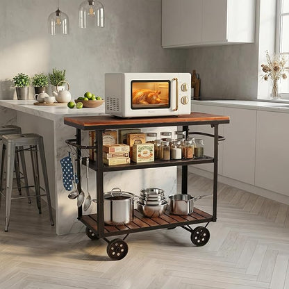 Farmhouse Mobile Cart with Wheels for Home Kitchen Industrial Rolling Food Cart Outdoor Vintage Wood and Metal Design Utility Cart in Office Coffee House 3 Tier with 2 Side Handle